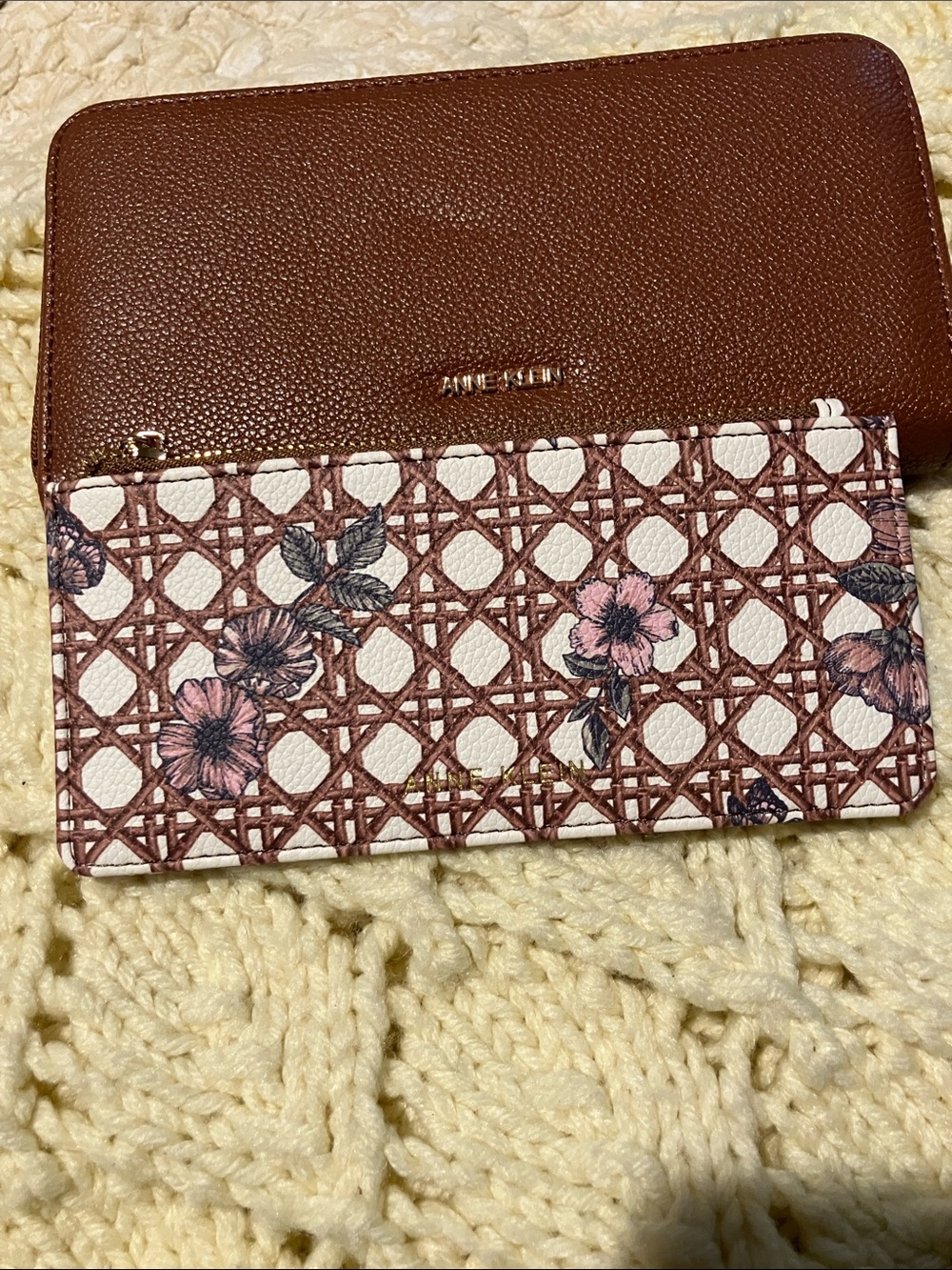 Anne Klein Brown and Pink Floral Zip Wallet 2 piece